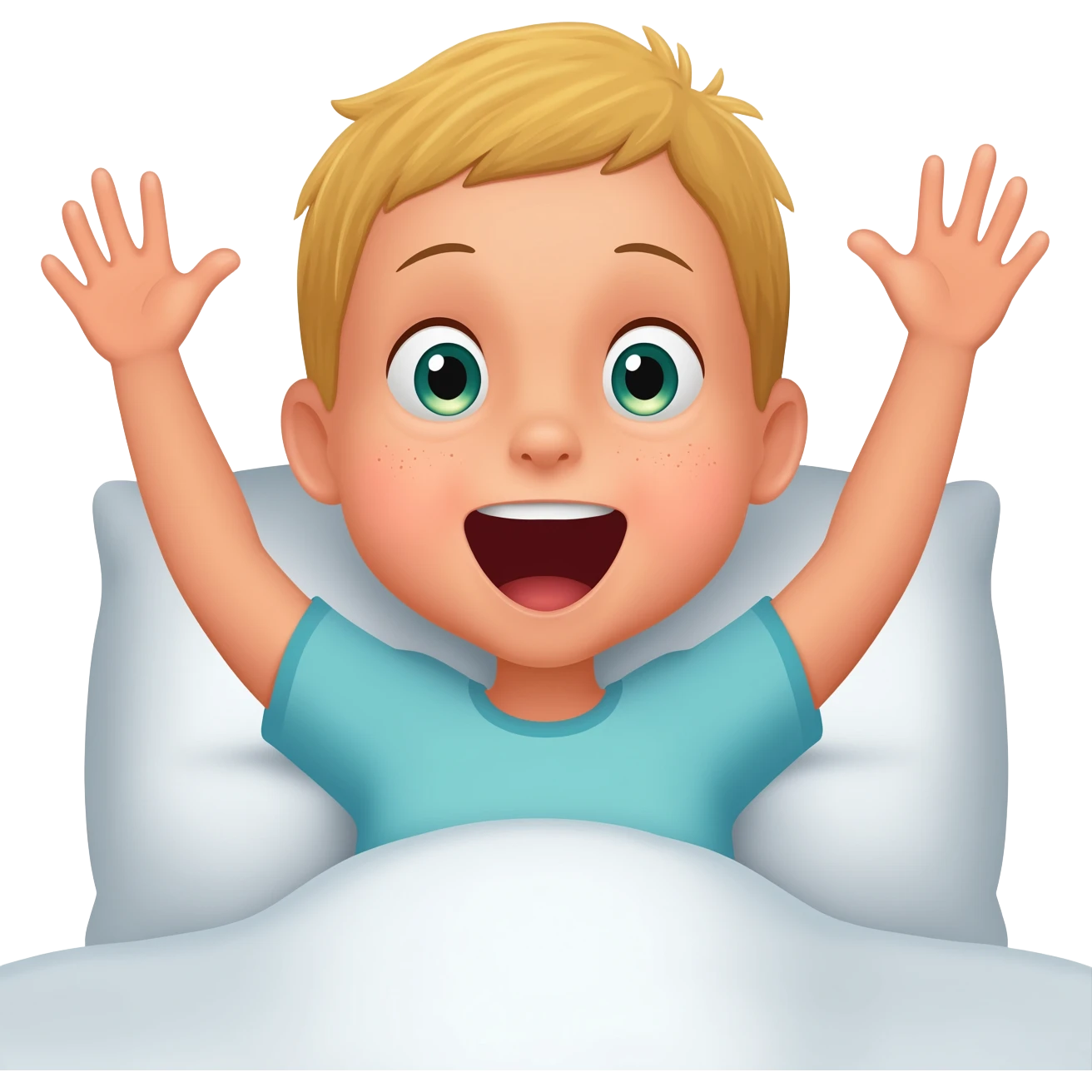 3 year old blonde boy with green-blueish eyes waking up from bed, raising both arms up and yawning. No tears. No scared face, he looks sad! Make the boy happy emoji