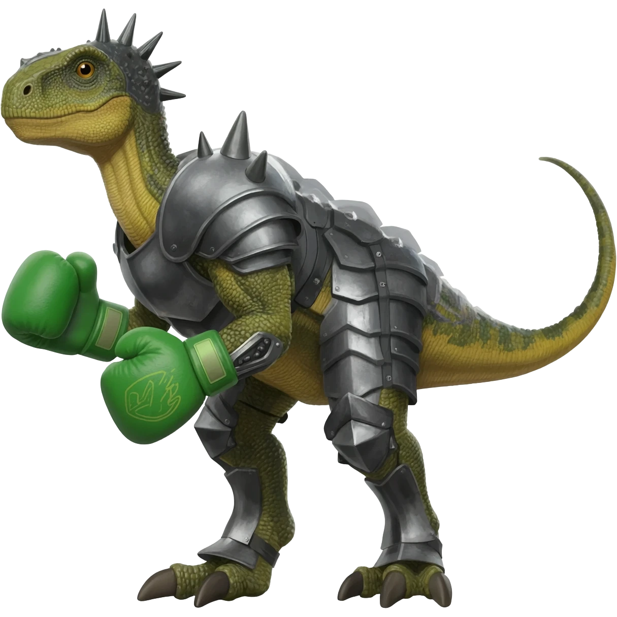 a dinosaur with green armored hands like boxing gloves and a spike on its and head and has armored body a tail and legs emoji