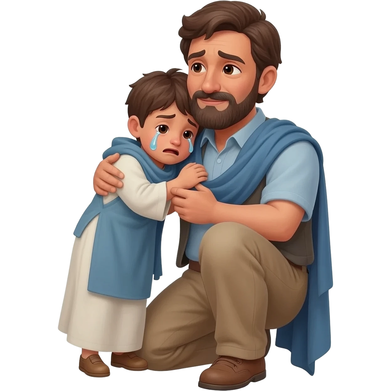 нарисуй как отец обнимет с любовью и слезами  сына возростом 20-24  года во весь рост  ,  времена древнего иерусалима emoji