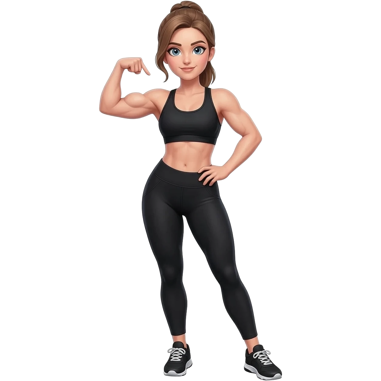 athletic ready pose pointing to arm muscles, fair-skinned woman, gray-blue eyes, ash brown brows, ash light brown hair tied back, slim athletic body, black workout set, black sneakers with white soles emoji
