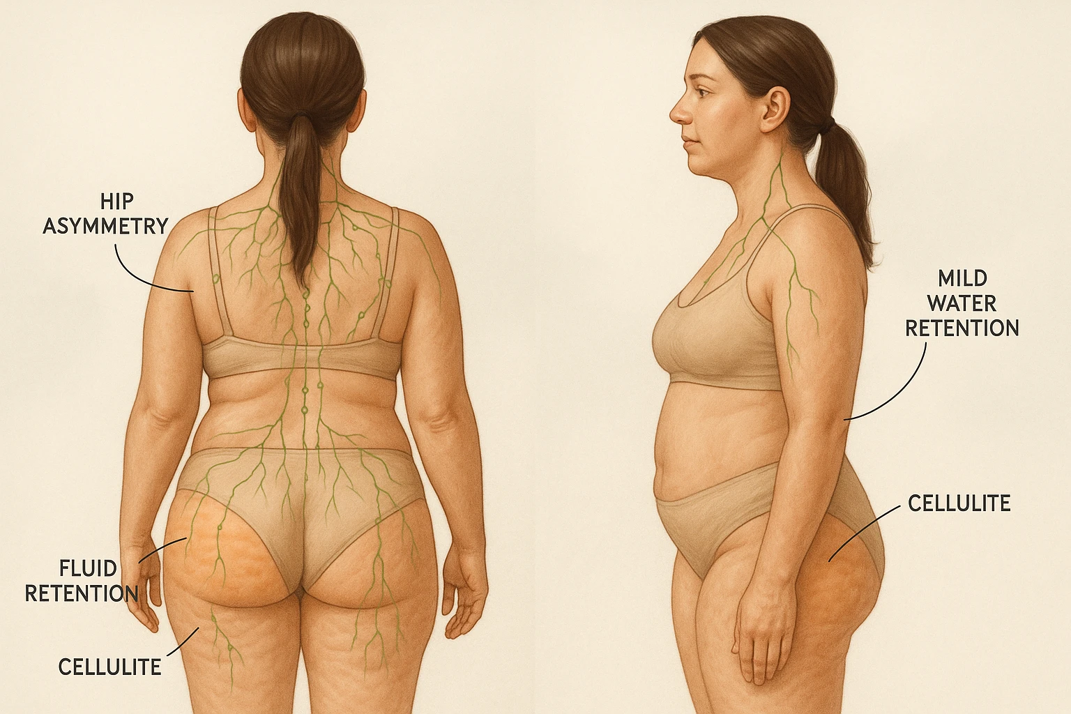 Educational, realistic illustration of a woman in her early 30s, back and side view, highlighting hip asymmetry, mild water retention, and cellulite. Skin with dimpling and uneven texture, anatomical overlays for lymphatic system and fluid zones. Warm, natural skin tones, soft lighting, compassionate, body-positive. Clean, medical, calming background. emoji