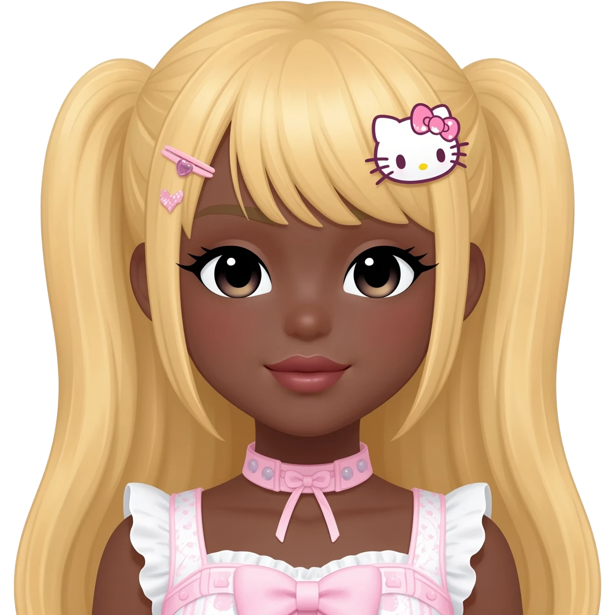 Gyaru makeup, himegyaru, my melody hairclip, cutecore, doll eyes, Doll, big chest, dark brown skin, with long blonde hair,  black cute eyes, cute lips with Gyaru outfit emoji