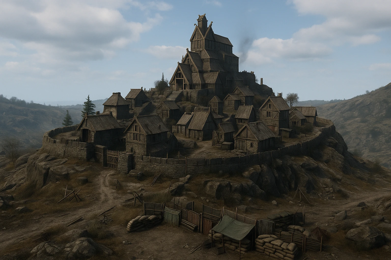 A small hilltop mesa city in the videogame dayz, screensot, based on whiterun emoji
