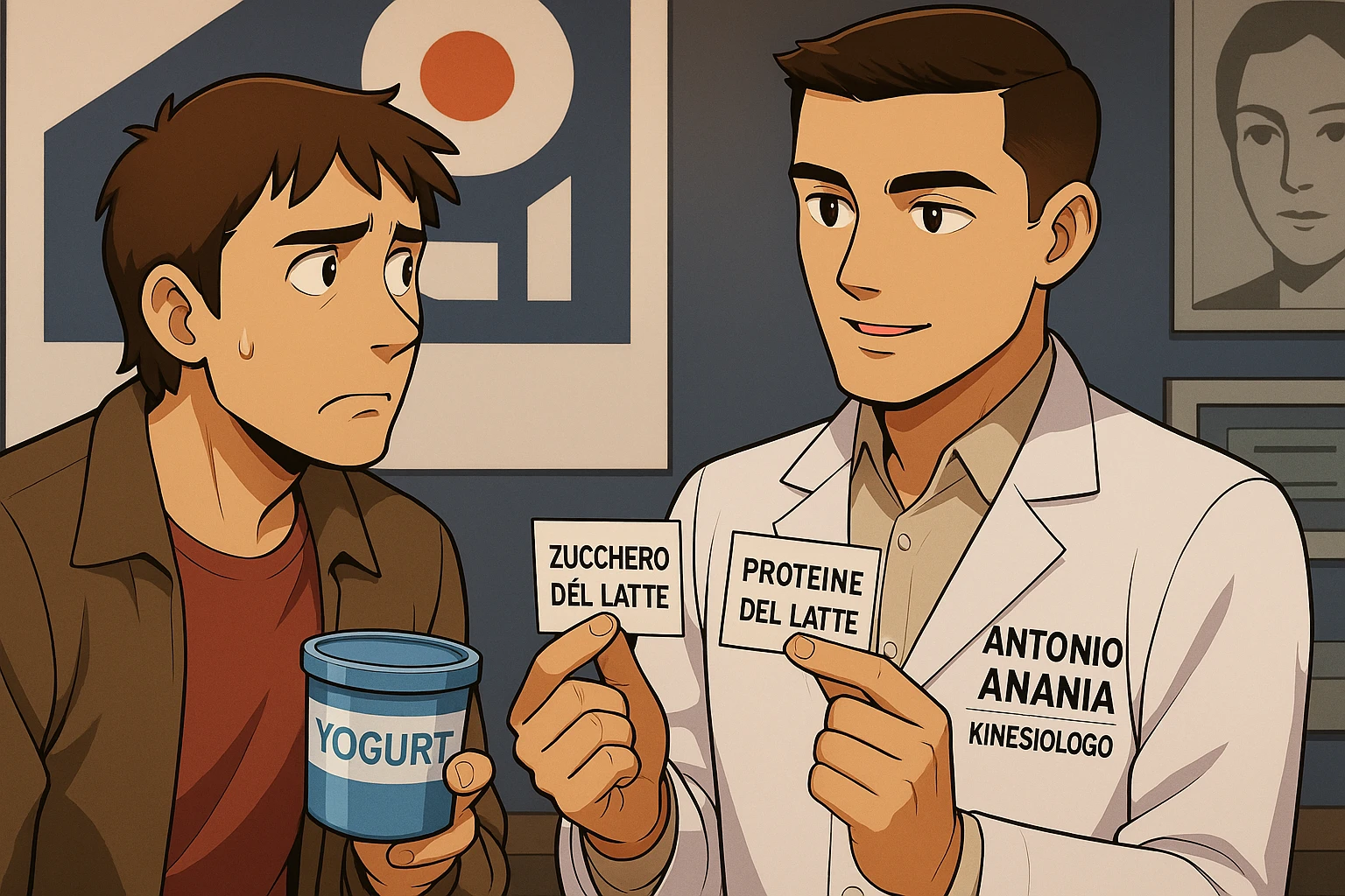 fai un webtoon manga a colori con questo stile, in cui un uomo ASCOLTA Il kinesiologo con il camice bianco (fagli anche la scritta "ANTONIO ANANIA" SUL CAMICE, IL KINESIOLOGO SPIEGA ALL'UOMO UNA COSA TENENDO DUE FOGLIETTINI IN MANO, UNO CON LA SCRITTA "ZUCCHERO DEL LATTE" E UNA CON LA SCRITTA "PROTEINE DEL LATTE". L'UOMO OSSERVA LO YOGURT CHE HA IN MANO CON ESPRESSIONE DUBBIOSA IN VOLTO. non fare i fumetti però, fai solo in modo che sembri stiano parlando emoji