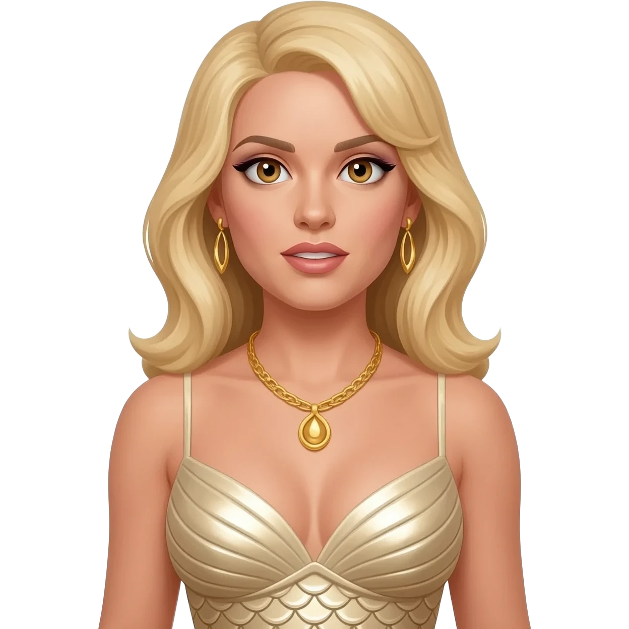 Honey Ryder from James Bond with hazel eyes, long blonde hair, ivory metallic mermaid dress, gold necklace, earrings emoji