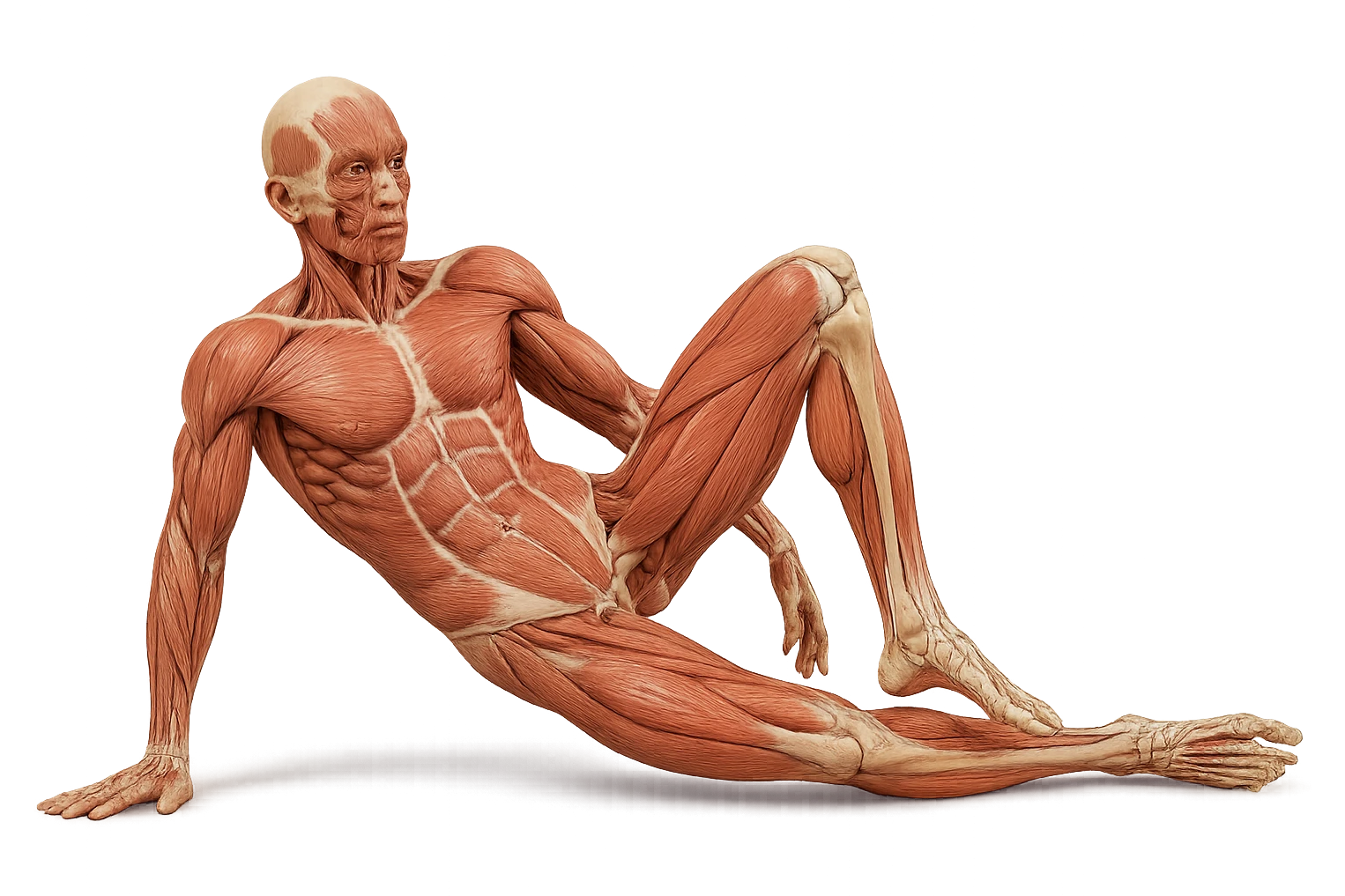 CORPO UMANO ANATOMICO REALISTICO CHE SVOLGE UN ESERCIZIO DI MOBILITà ALLE ANCHE, iperrealistico 4k emoji