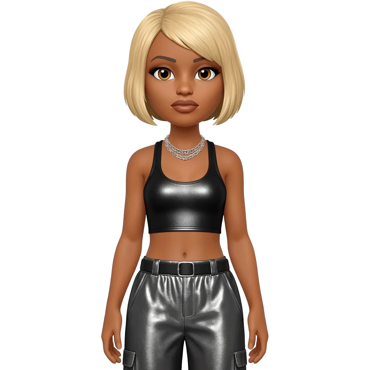 T- Boz from TLC with brown eyes, blonde short hair, black metallic crop top, charcoal metallic baggy pants, silver necklace emoji