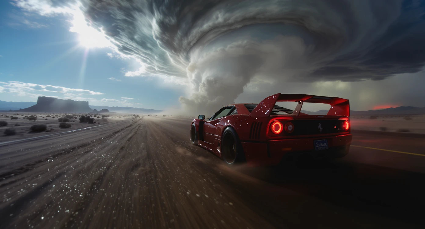 Cinematic still of a ferrari f40 around tornado od arizona desert, sun flare, captured by gopro hero with effect fisheye, water drops on car body, detailed, inspired by interstellar look emoji