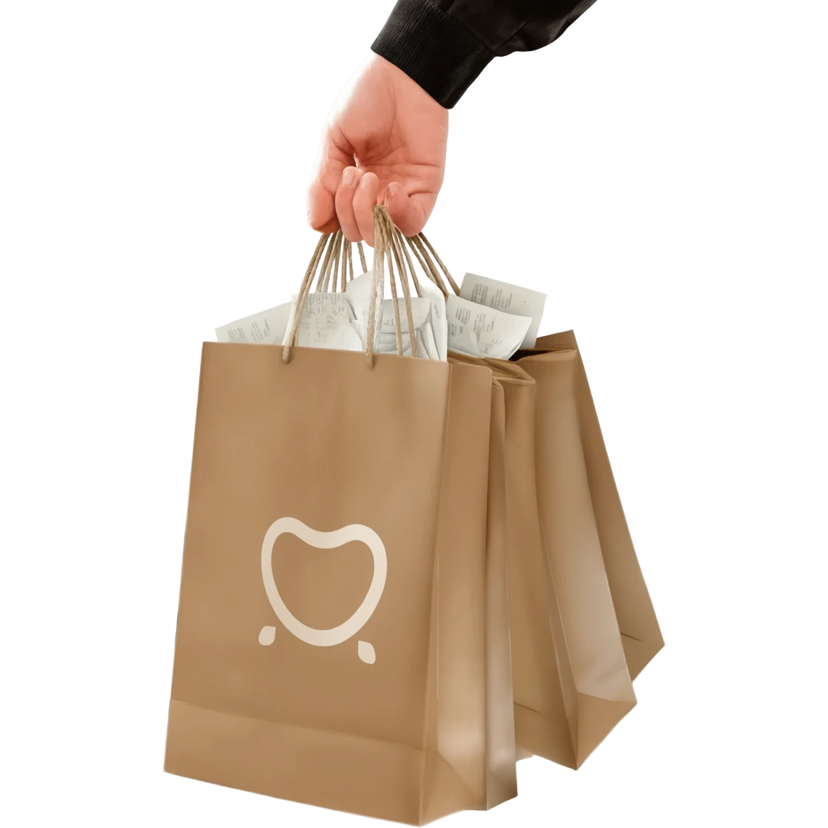 POV shot of a hand holding several minimalist shopping bags while walking outside, including a brown paper shopping bag with white branding and folded receipts sticking out, neutral tones, casual street setting with pavement visible below, soft natural dayligh emoji