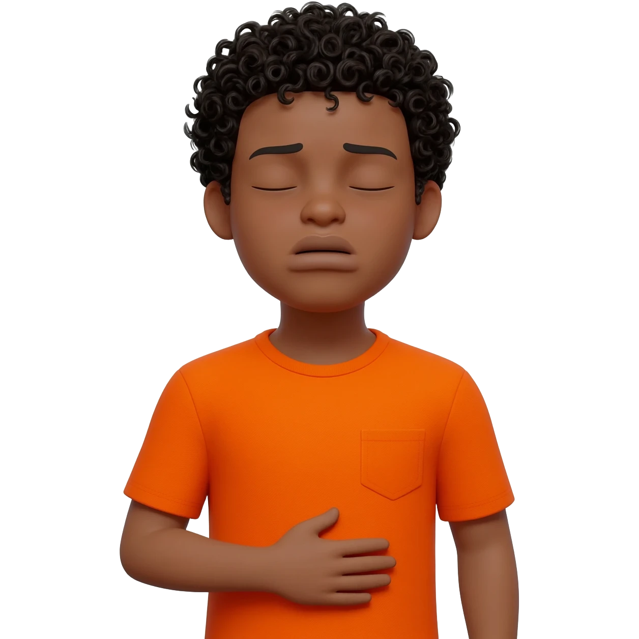 black boy curly hair orange shirt nauseous about to throw up mouth closed hand over emoji