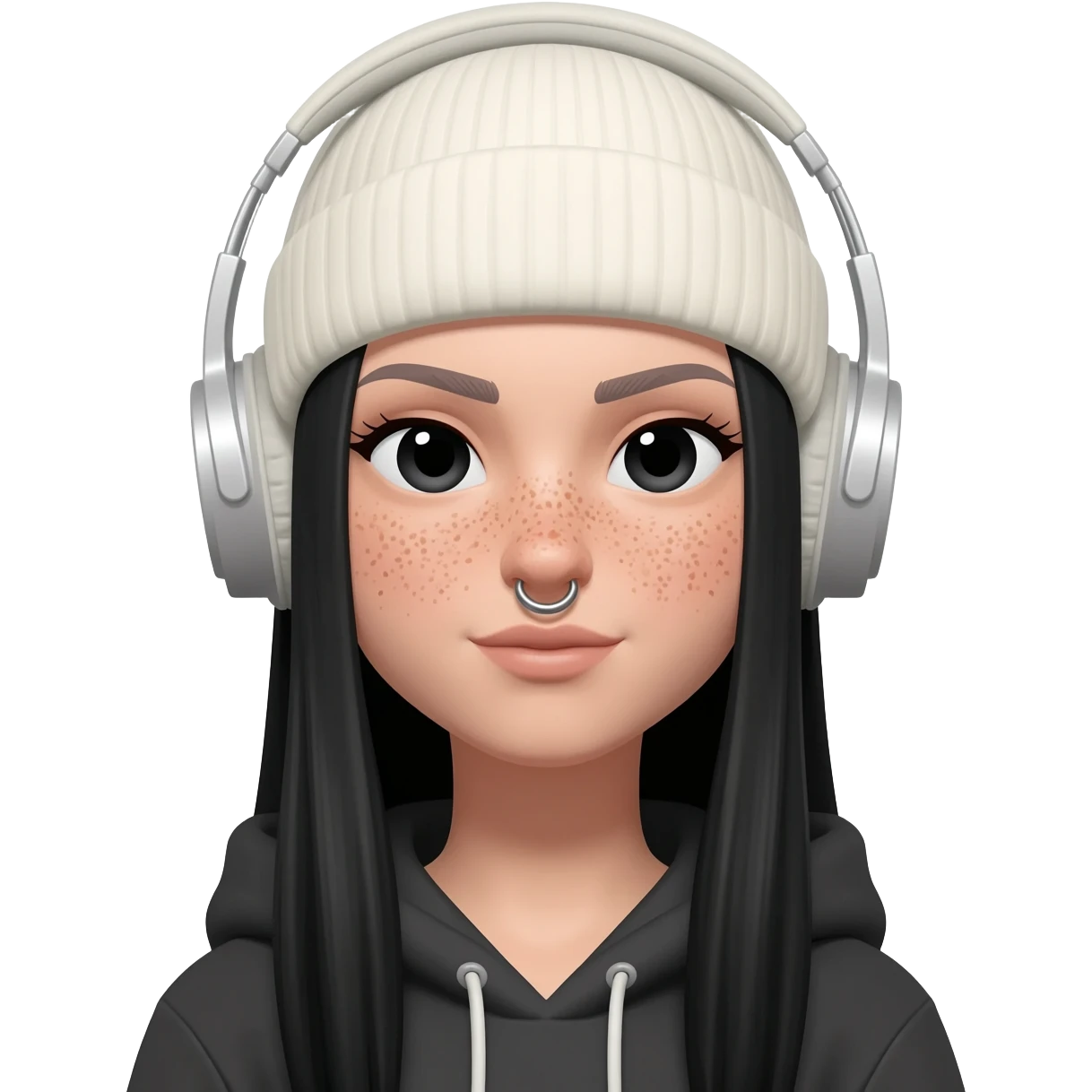 White curvy female with freckles, long straight black hair wearing a beanie and hoodie and nostril pierced listening to music emoji