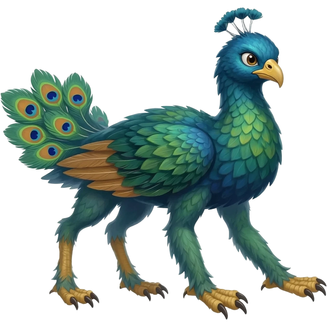 4-four legged (two frontal bird legs, two furry hind leg paws), Fantasy-Peacock-Gryphon-animal-hybrid-creature emoji