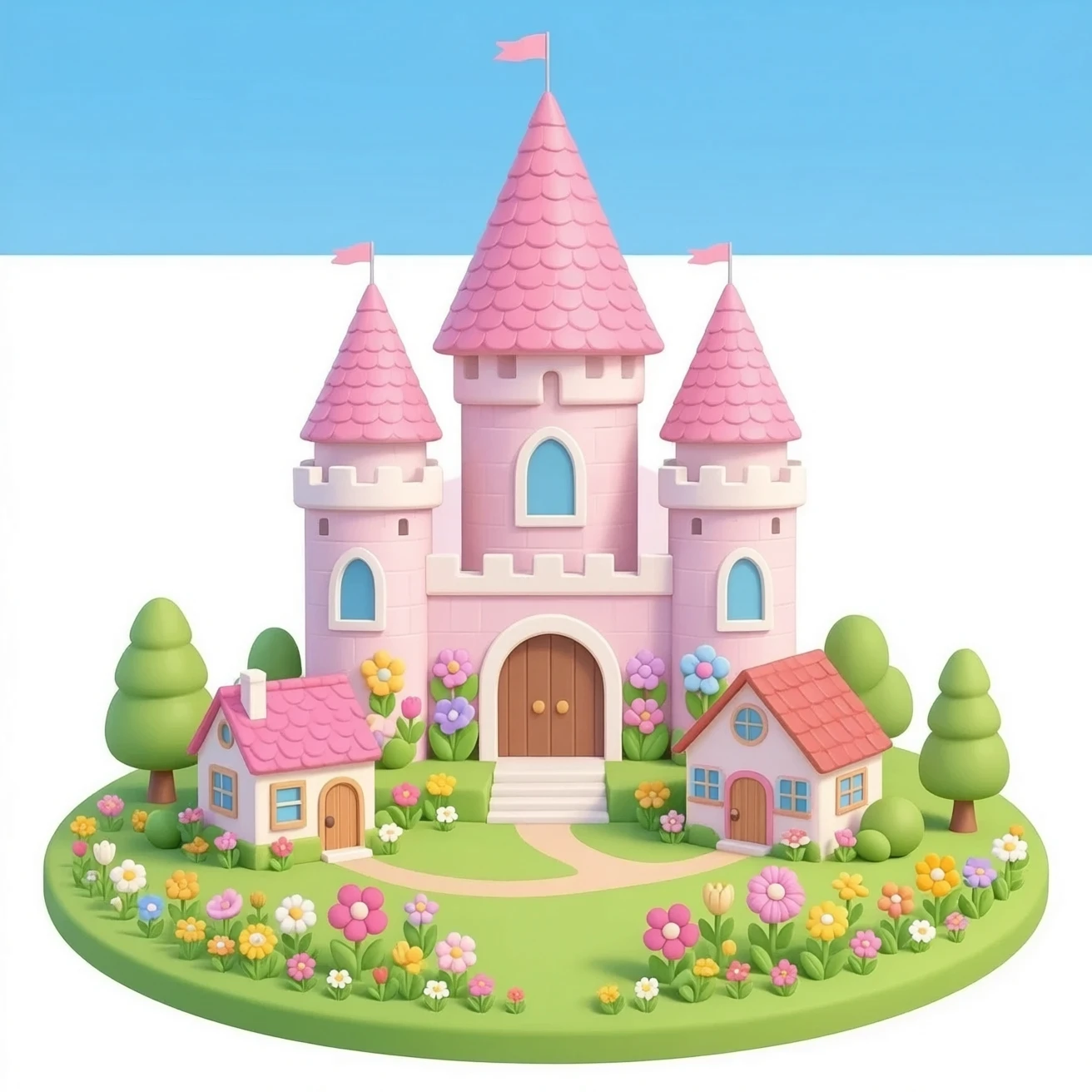 Pastel castle with flowers on the walls, surrounded by houses made of flowers emoji