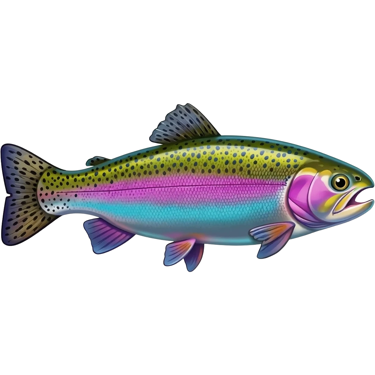 realistic rainbow trout fish bright saturated purple blue green yellow white with scales and black speckles emoji