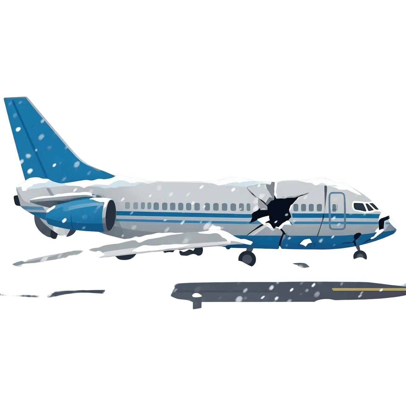 Yoğun kar fırtınası sırasında piste çarpmış, hasar görmüş bir kargo uçağı. 🌨️✈️❄️ emoji