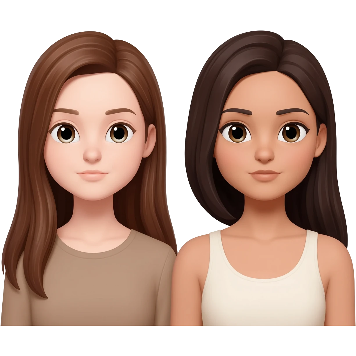 ein mädchen lange braune glatte Haare hellere Haut, ein Mädchen dunkelbraune glatte Haare, etwas dünklere Haut emoji