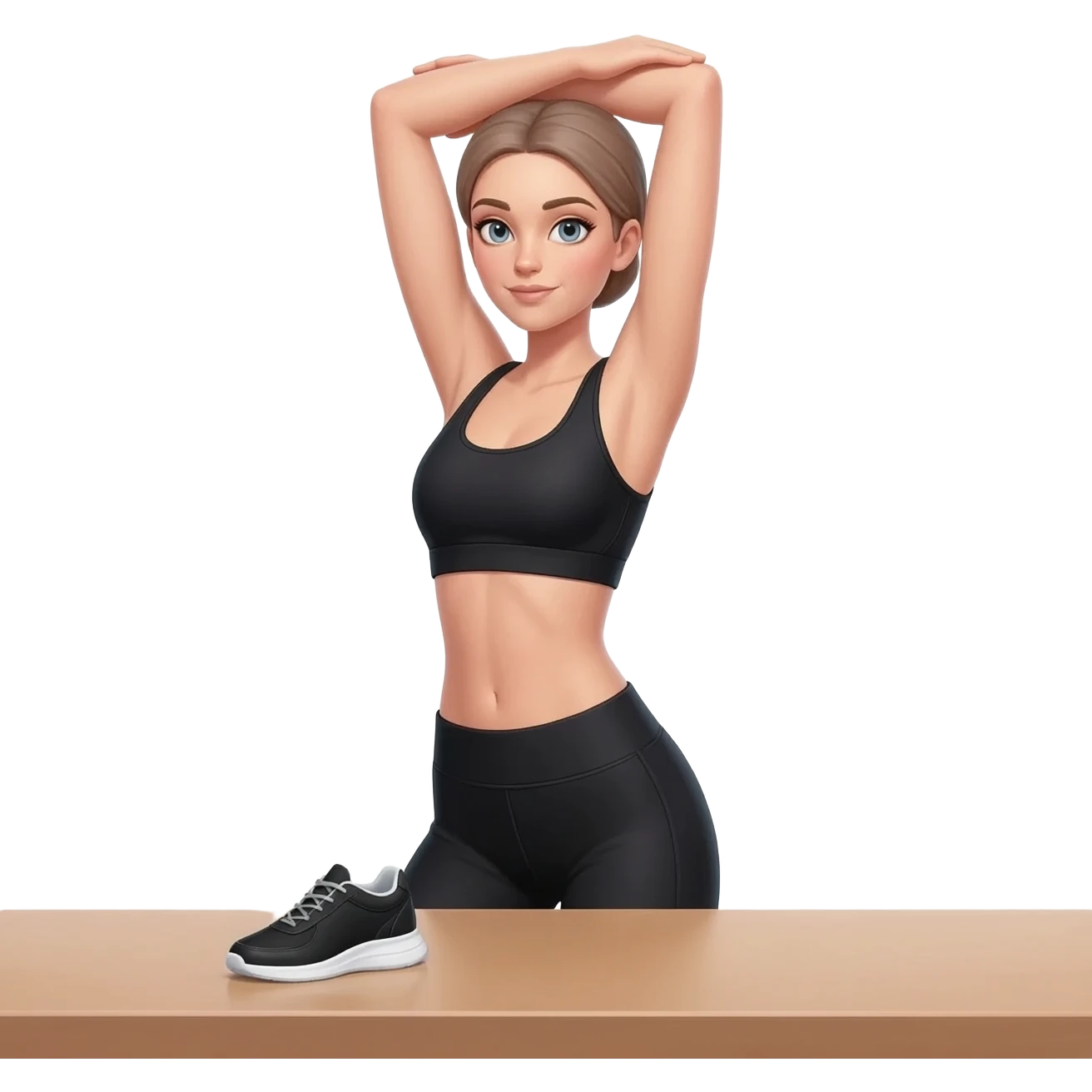 upper back stretch after desk work, fair-skinned woman, gray-blue eyes, ash brown brows, ash light brown hair tied back, slim athletic body, black workout set, black sneakers with white soles emoji