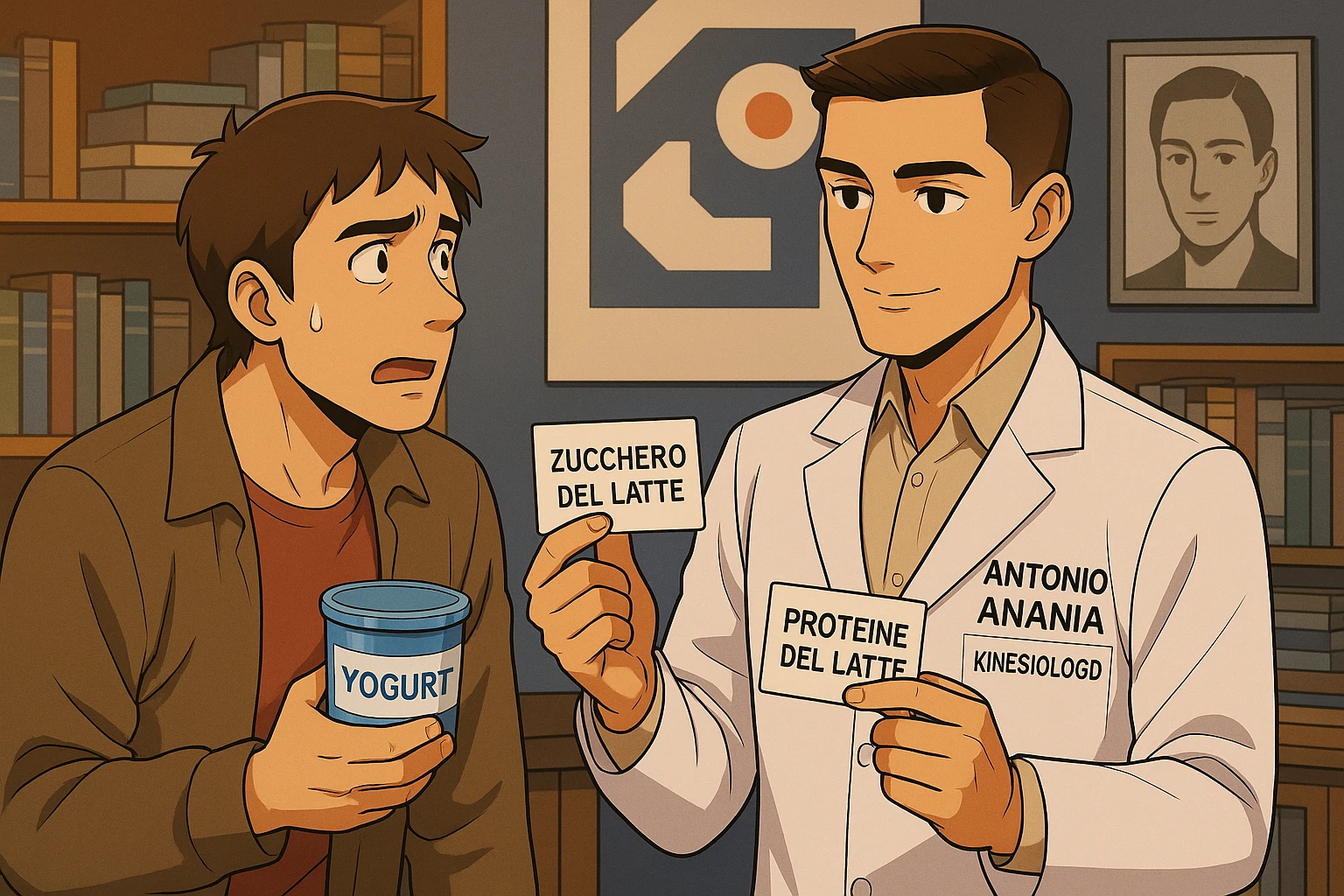 fai un webtoon manga a colori con questo stile, in cui un uomo ASCOLTA Il kinesiologo con il camice bianco (fagli anche la scritta "ANTONIO ANANIA" SUL CAMICE, IL KINESIOLOGO SPIEGA ALL'UOMO UNA COSA TENENDO DUE FOGLIETTINI IN MANO, UNO CON LA SCRITTA "ZUCCHERO DEL LATTE" E UNA CON LA SCRITTA "PROTEINE DEL LATTE". L'UOMO OSSERVA LO YOGURT CHE HA IN MANO CON ESPRESSIONE DUBBIOSA IN VOLTO. non fare i fumetti però, fai solo in modo che sembri stiano parlando emoji