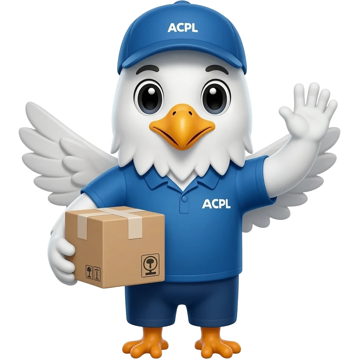 cute logistics mascot inspired by ACPL brand with small eagle wings, waving hello with a delivery package, professional emoji icon, blue and orange colors, clean minimal design emoji