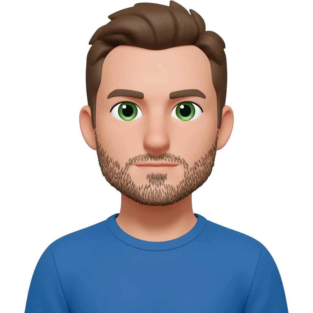 man stubble brown hair green eyes short hair blue t shirt emoji