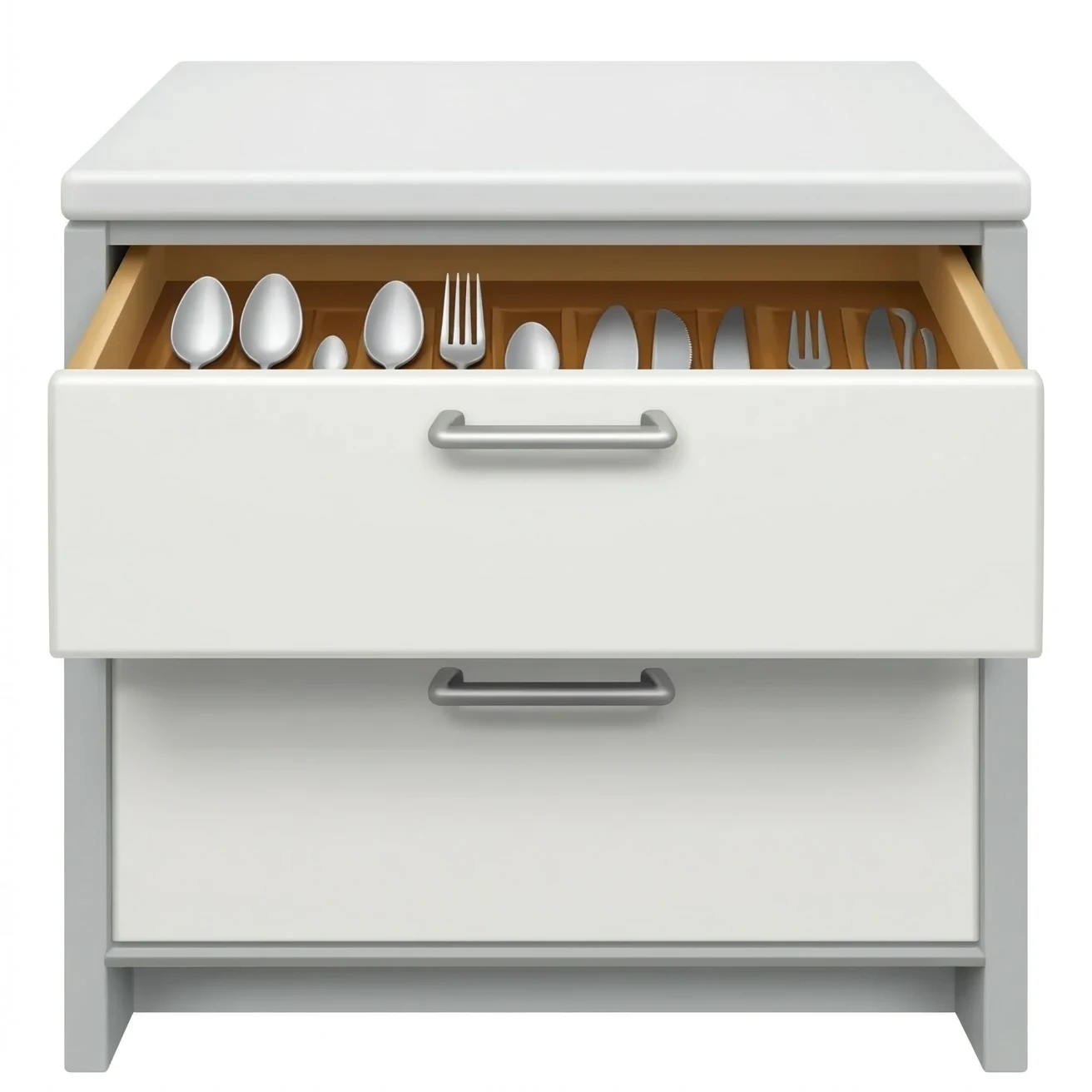 Kitchen cabinet with drawers, the top drawer is open and inside is cutlery emoji