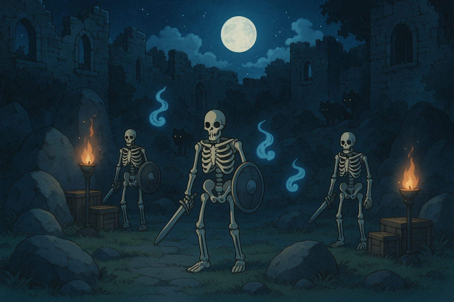 midnight within the ruins of abandoned castle yard, protrude boulders, amid iron torches and crates tucked behind, skeleton warriors, wisps, and wolves linger just in the edge of view behind scenery emoji