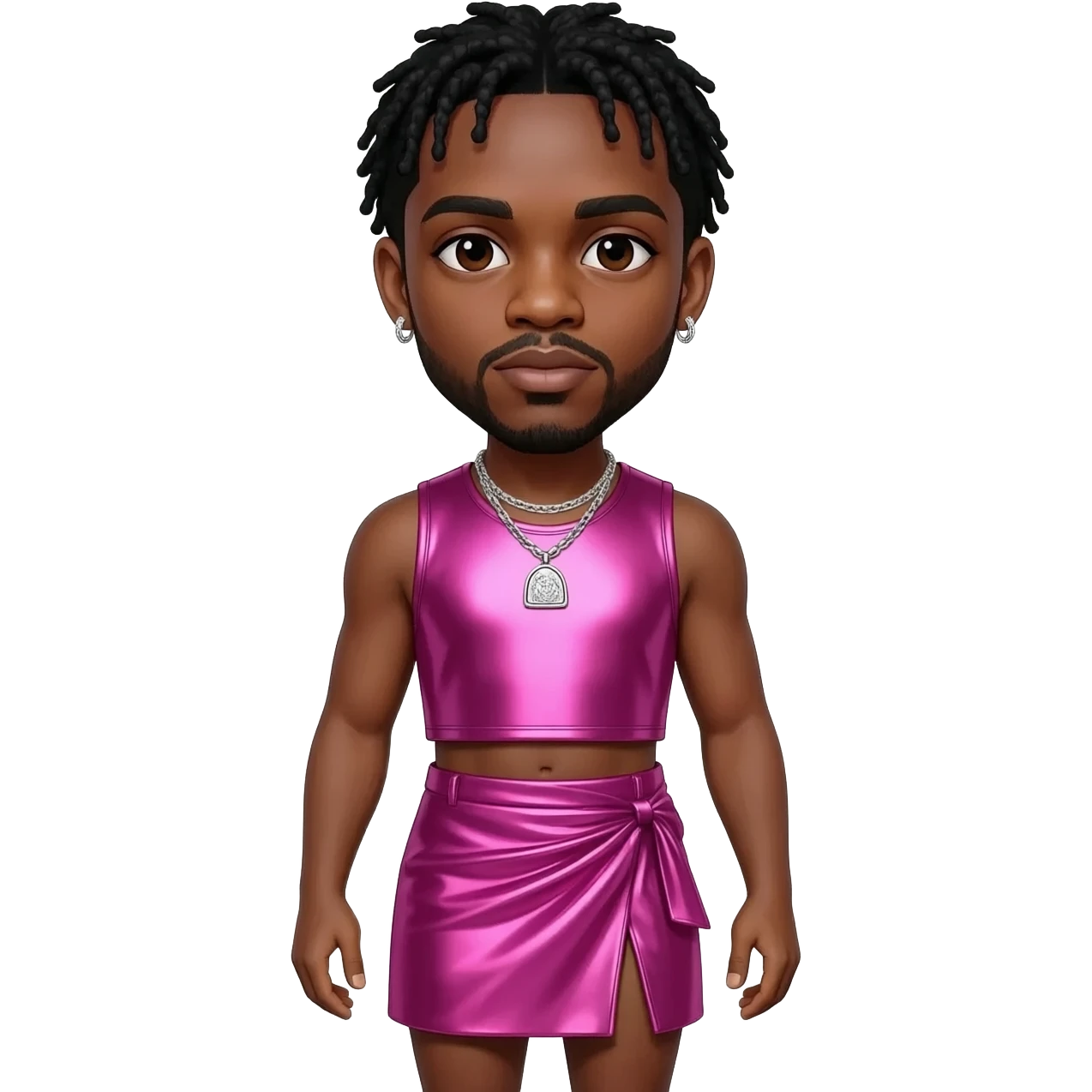 Lil Nas X with dark brown eyes, black hair, hot pink metallic sleeveless crop top, hot pink metallic short wrap skirt, silver necklace and short earrings emoji
