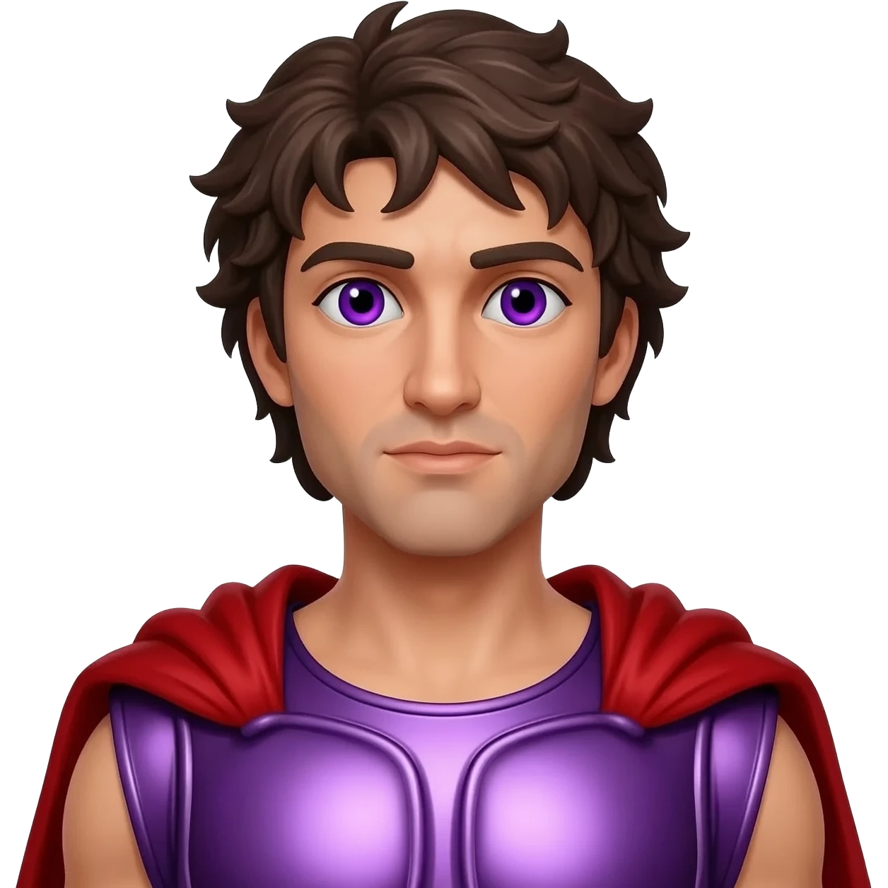 Bacchus from Roman Mythology with purple eyes, dark brown hair, purple metallic tunic, red metallic cloak emoji