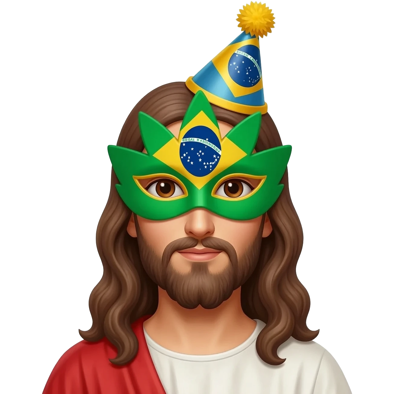 Jesus statue with brazil carnival mask and party hat emoji
