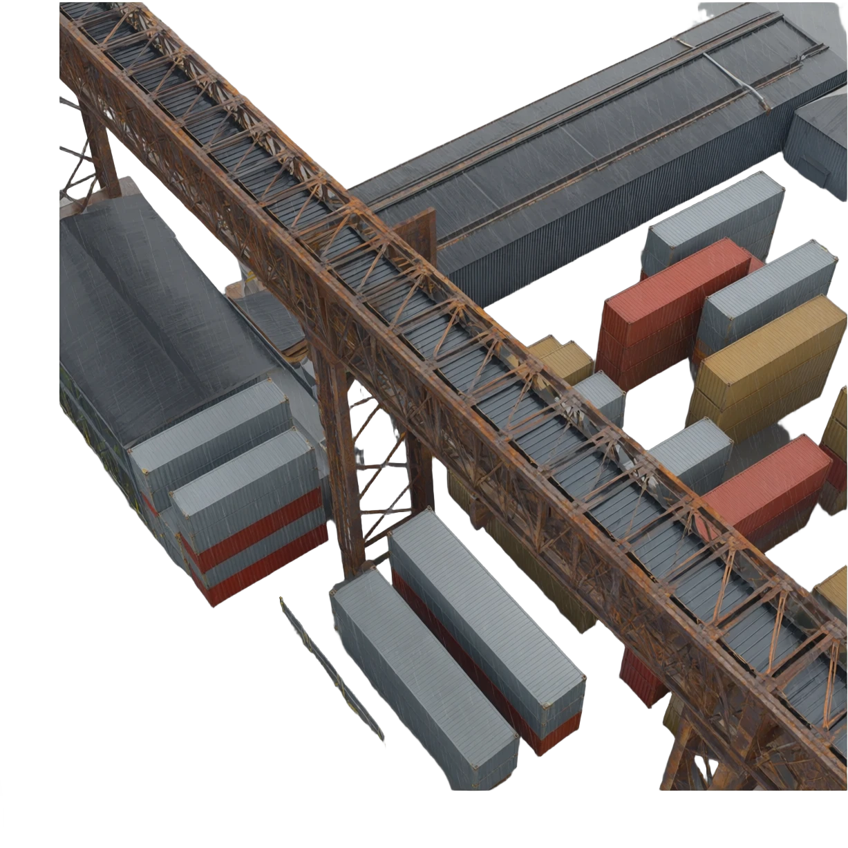 a industrial building from an overhead view in a foreign country in the style of dark realism, just the building emoji