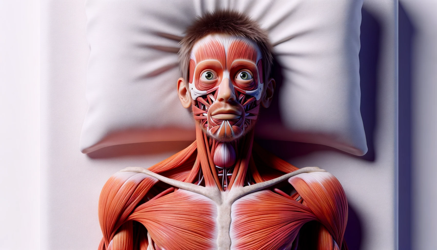 corpo umano anatomico con capelli corti che non riesce a dormire muscoli e organi in evidenza, sta nel letto con  gli occhi sbarrati e l'espressione nervosa, visto dall'alto, iperrealistica 4k, isolato su sfondo bianco emoji