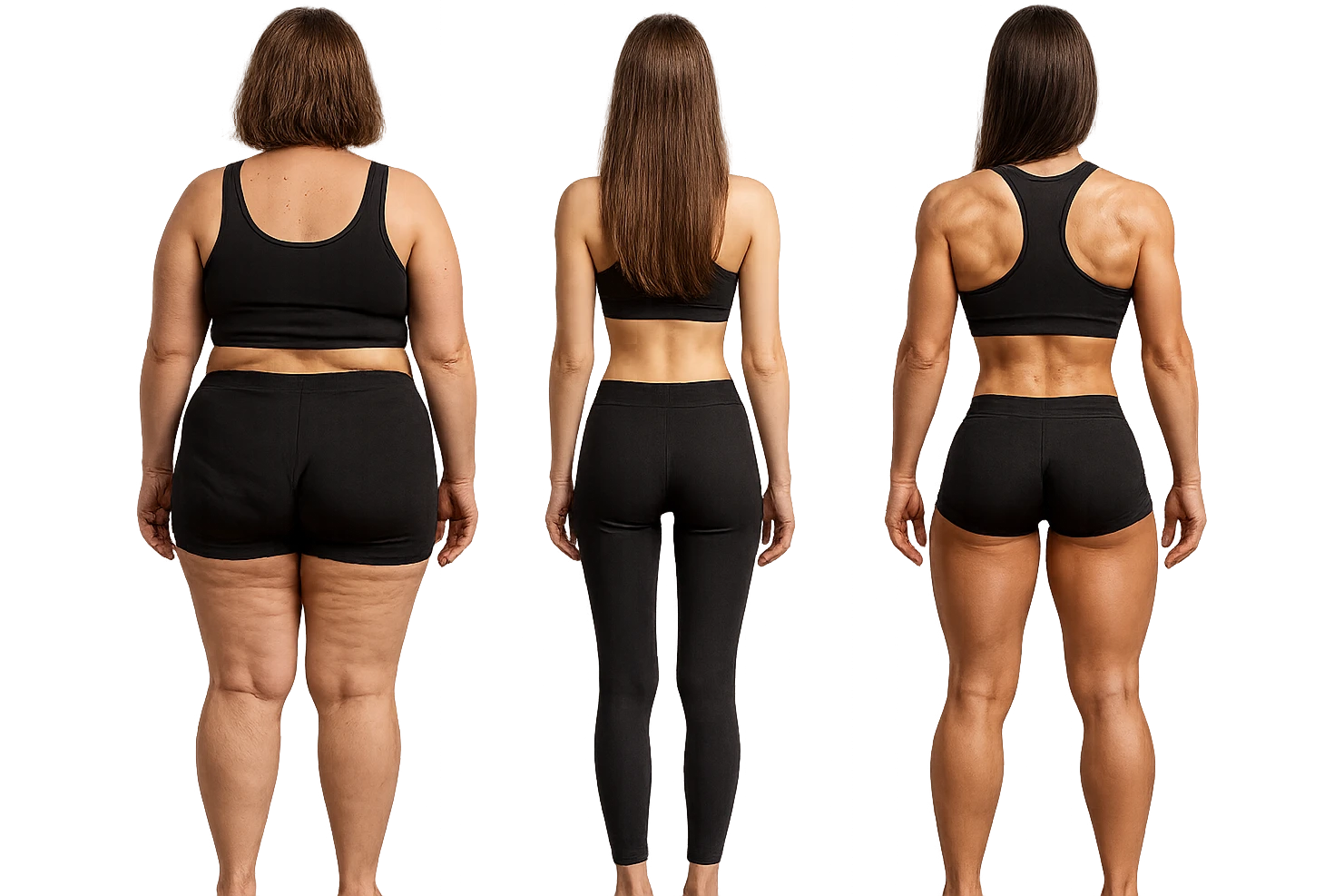 fai una donna di spalle in gym shorts leggermente sovrappeso e con cellulite e accanto una seconda donna di spalle magra (che è dimagrita post dieta) e accanto una terza donna in forma allenata e con le giuste proporzioni, l'immagine deve rappresentare il processo: da donna grassa, a donna piatta e magra, a donna allenata e in forma con i giusti muscoli, iperrealistico 4k emoji