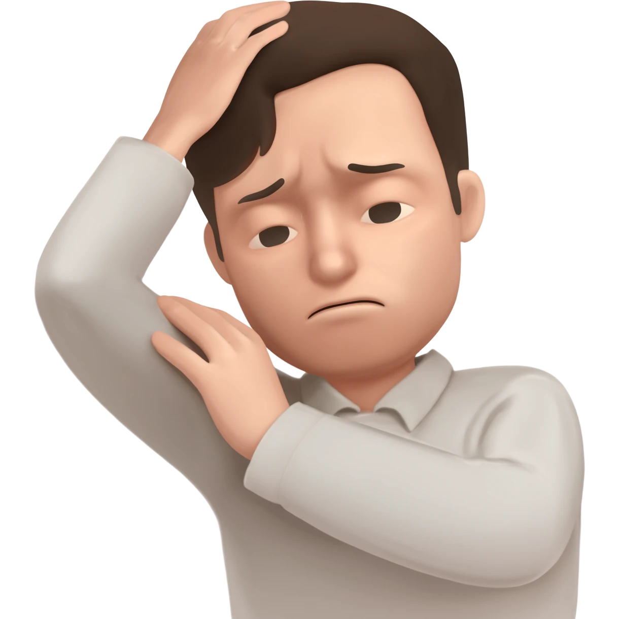 A man who is depressed with his left arm draped over the top of his head so the inside of his left elbow is on the very top of his head where hair grows from and his left hand is touching his right shoulder emoji