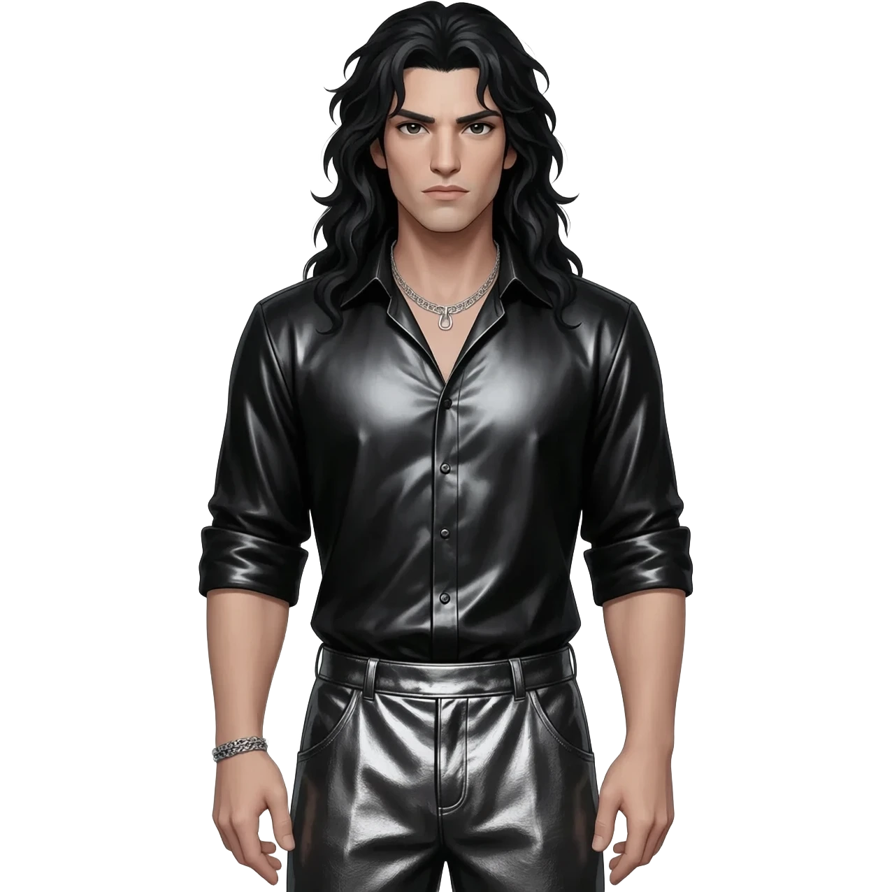 Hades from Greek Mythology with black eyes, long black hair, black metallic shirt, charcoal metallic baggy pants, silver necklace emoji