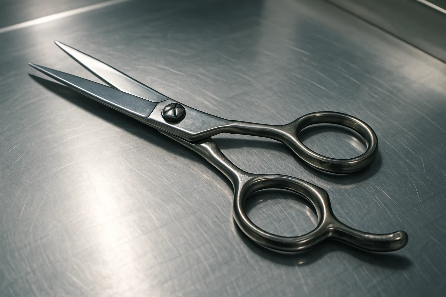 A set of professional barber scissors lies on a stainless steel workbench, gleaming under the bright lights. The blades are sharp and precise, with smooth handles showing signs of frequent use, ready for the next cut emoji