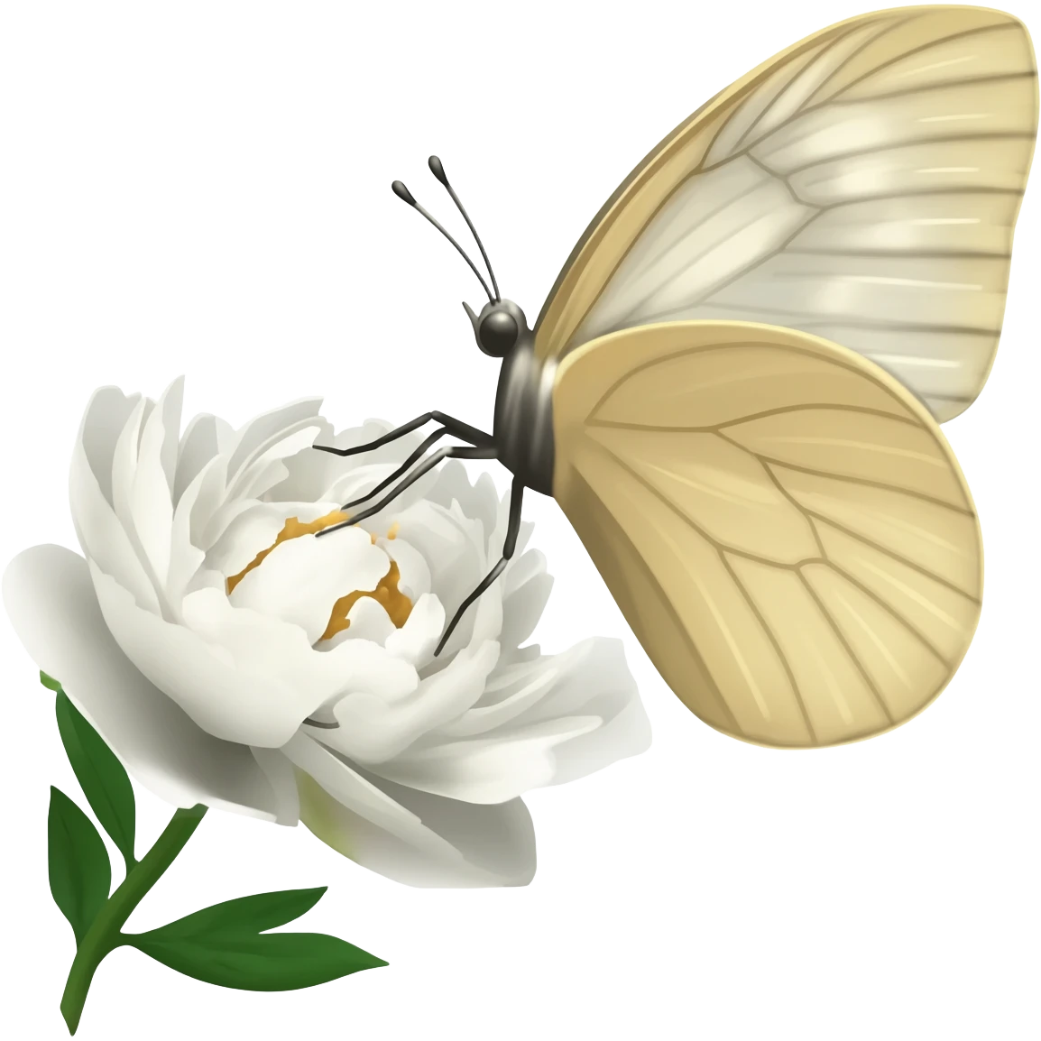 A beautiful light beige butterfly sits on a white peony emoji