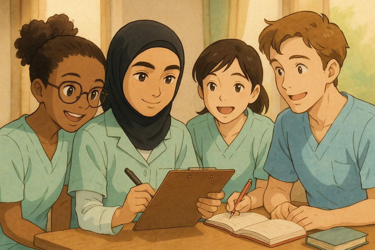Four nursing students working together in a friendly, collaborative atmosphere. Diverse group wearing medical uniforms. One student inspired by the reference image. Rendered in detailed, warm, and expressive Ghibli style. emoji