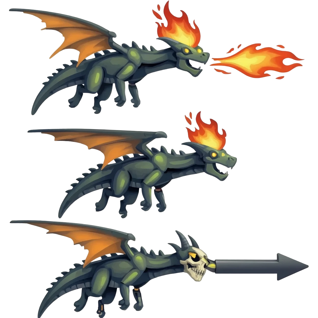A sprite sheet of a cybernetic dragon with a burning skull head, show all 3 stages of him flying with no back ground, show the 3 stages of him flying in a row, with changing wing positions for each stage of flying, all 3 must be pointing right emoji