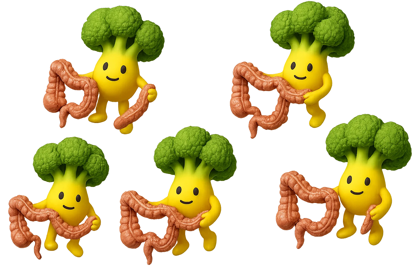 broccoletti stile emoji iphone fluttuano in aria stringendo in mano un pezzo di colon intestinale, iperrealistico 4k emoji