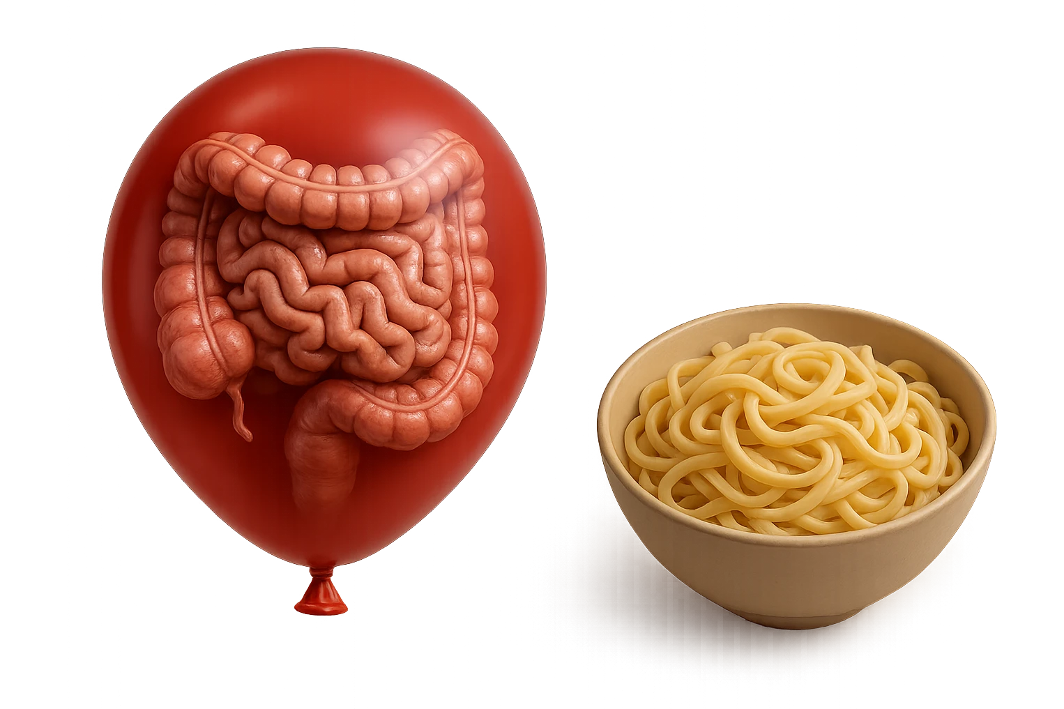 intestino umano anatomico chiuso in un palloncino rosso che simboleggia gonfiore, accanto una bowl di pasta, iperrealistico 4k emoji