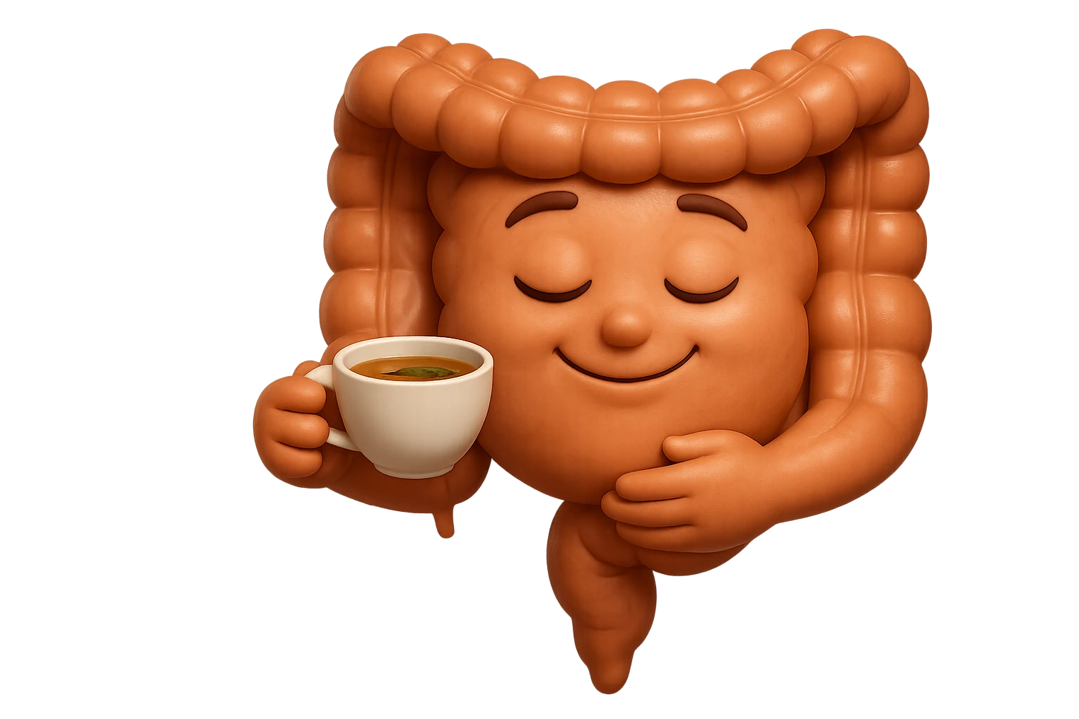 emoji stile iphone 3d di intestino umano sereno che si tocca la pancia mentre sorseggia un thè alle erbe, iperrealistico 4k emoji