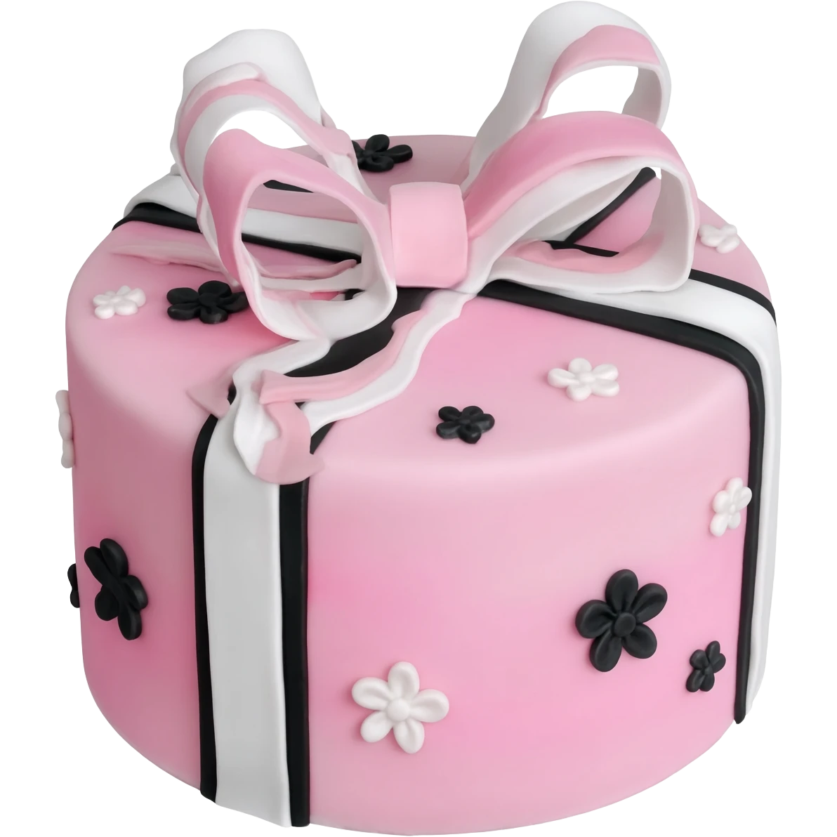 Pastel pink shaped birthday cake with black and white bows and flowers emoji