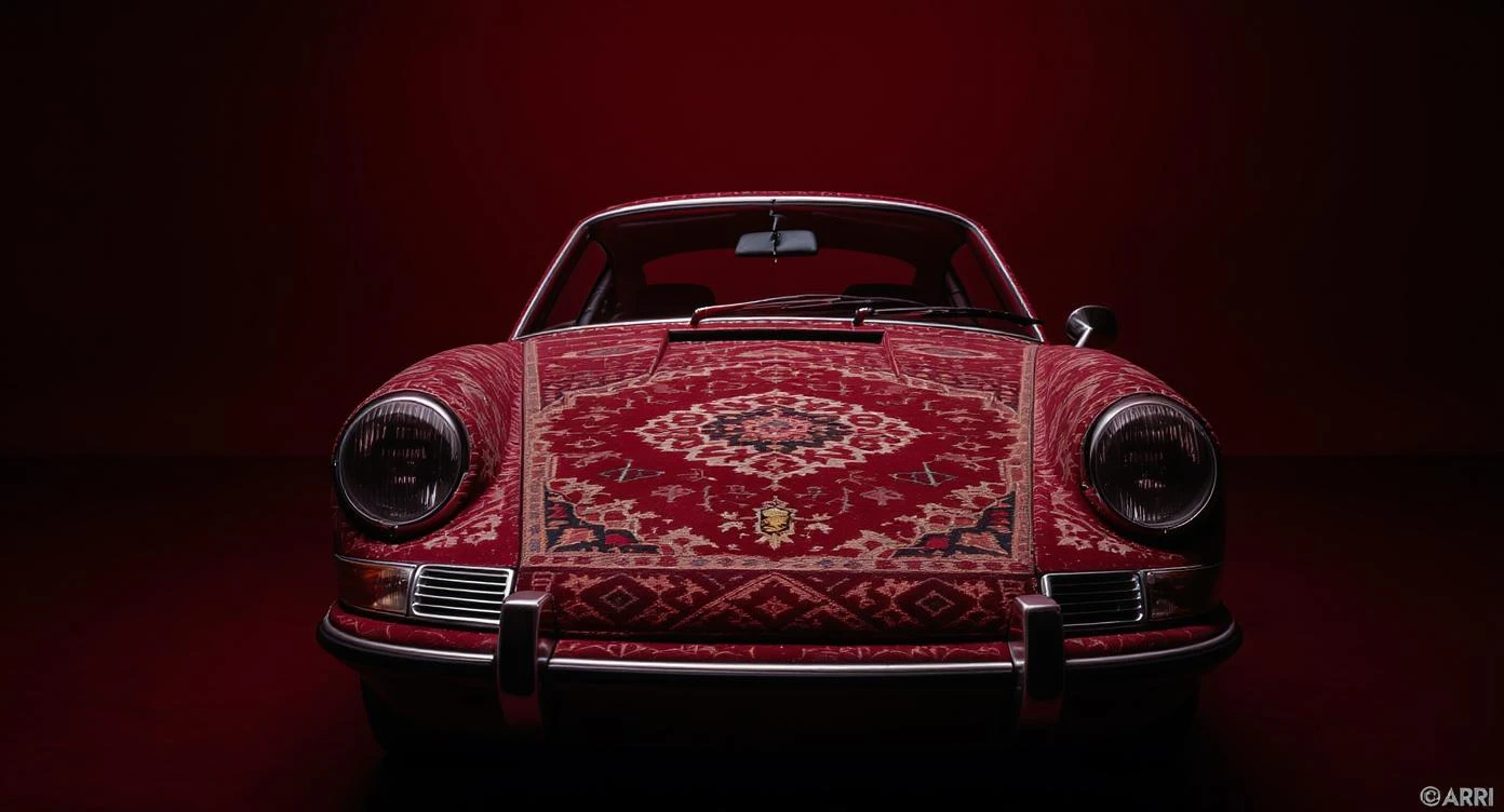 Closeup shot of a porsche 911, body of car made of russian carpet with patterns, red solid studio background, very dark room, top low key light, dutch angle, haze, captured by ARRI 65 emoji