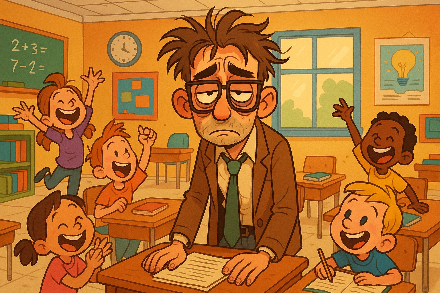 digital cartoon art of a exhausted teacher in a bustling classroom emoji