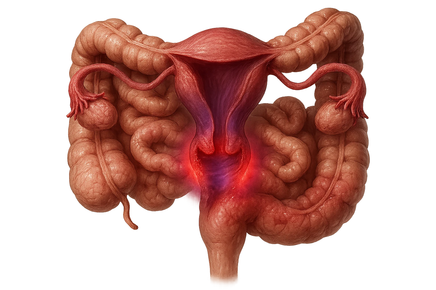 utero umano anatomico iperrealistico e intestino umano anatomico iperrealistico hanno in comune il dolore e l'infiammazione, rendi bene il collegamento tra i due organi doloranti, falla iperrealistica, non disegnata, fai colori che si adattano a questo viola #971ef1 emoji