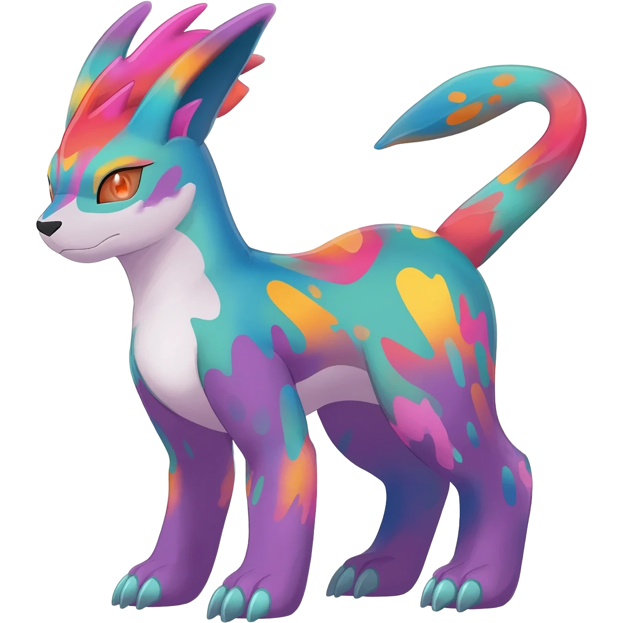 Splash-marked Colorful Patterned Exotic Meloetta-Zeraora-Lombax-Renamon-Protogen-Palkia-hybrid-fusion-Fakémon-creature, full body emoji