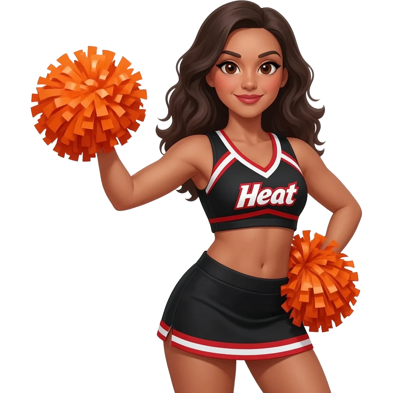 Cheerleader in back and red uniform that says heat emoji