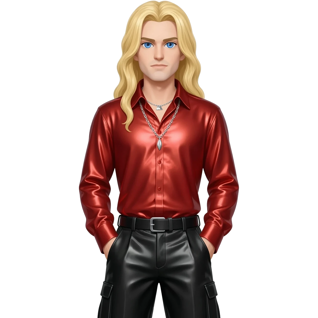 Lestat de Lioncourt with blue eyes, long blonde hair, red metallic shirt, black metallic baggy pants, silver necklace emoji