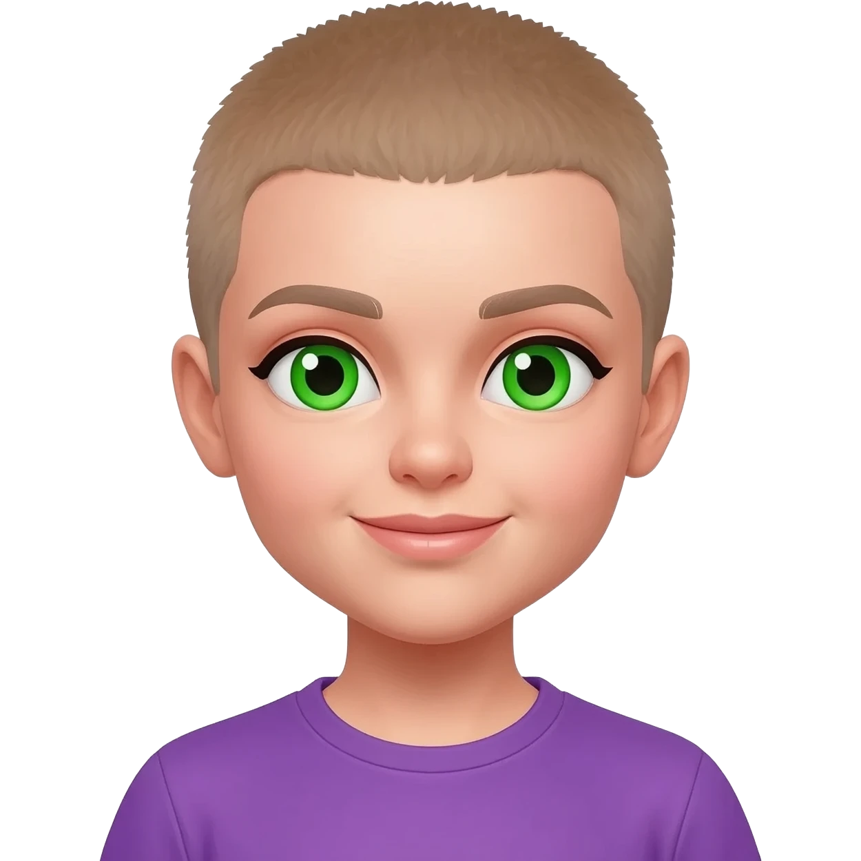 White skin , female, light brown buzzcut, purple shirt, green eyes emoji