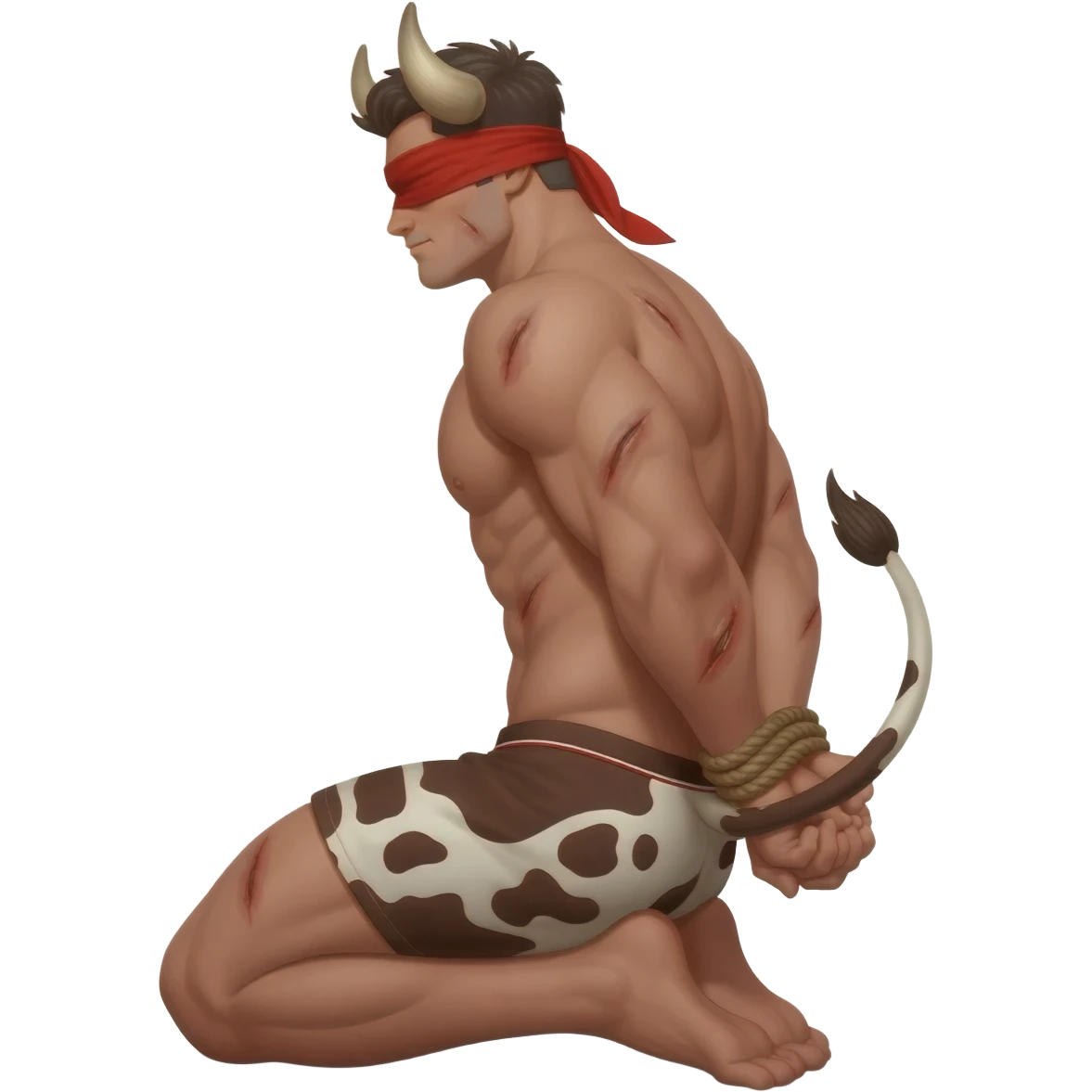 handsome extra large muscular man covered with scars with large breasts with bull horns and cow ears and bull tail with red blindfold dressed in thongs with brown cow print sits on his knees with hands tied behind the bback side view emoji